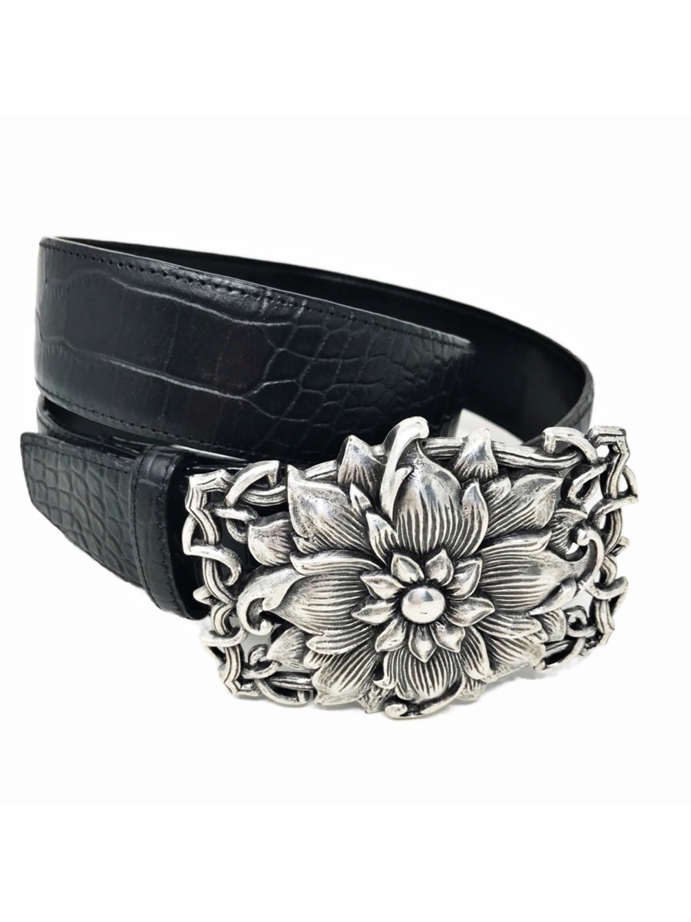 Sandy Duftler Black Embossed Leather Belt w/ Oversized Floral Silver Buckle Boho